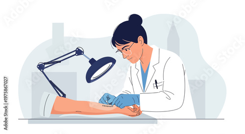 Doctor performing skin graft surgery on patient's arm under bright lamp in clinic