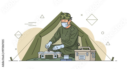 Doctor performing surgery in a field hospital tent, medical emergency, military medicine