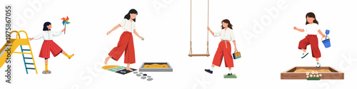 Collection of flat illustrations showing young girls participating in playground activities like sliding, playing hopscotch, and jumping in a sandbox on white.