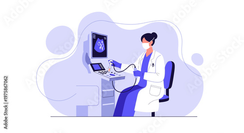 Doctor performing ultrasound scan on patient, medical equipment, modern clinic interior