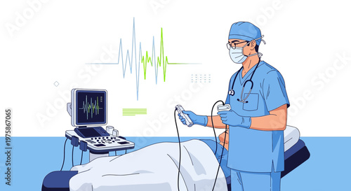 Doctor performing ultrasound on patient, medical equipment, vital signs monitor, modern healthcare