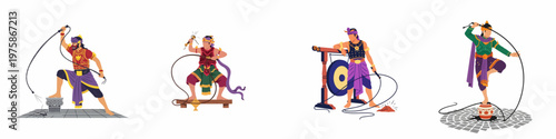 Set of Indonesian Traditional Whip Dancers in Ceremonial Costumes and Dynamic Poses
