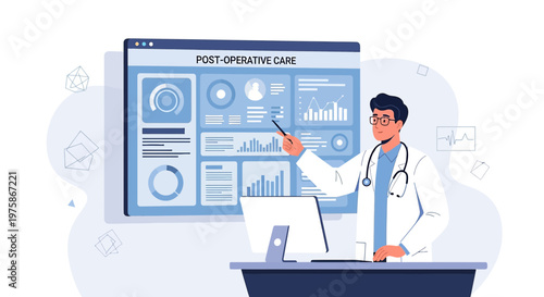 Doctor presenting post-operative care data on a digital dashboard