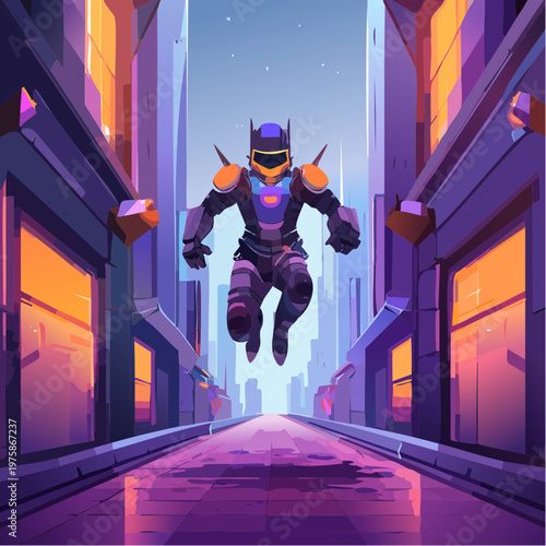 Dark alley, metallic armor, purple-orange neon highlights, jumping pose, determined expression
