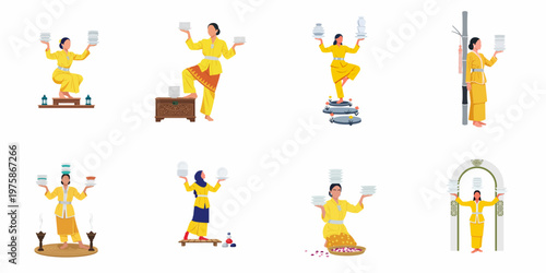 Collection of Indonesian women performing the traditional Tari Piring plate dance in various graceful poses and traditional yellow kebaya costumes.