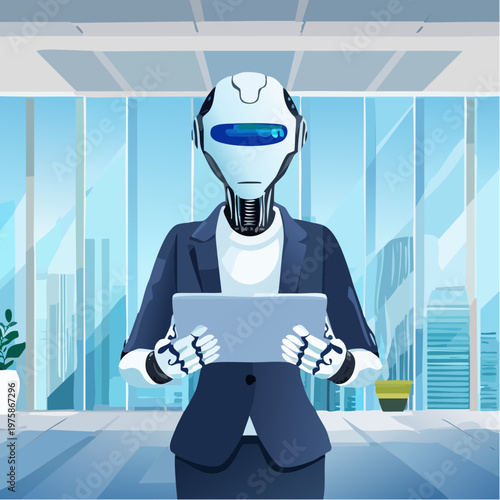 Vector illustration of a humanoid AI assistant in business attire, subtle robotic features, holding a holographic tablet, approachable expression, minimalistic modern office background, flat vector li