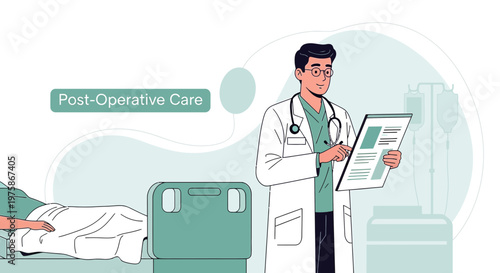 Doctor Reviews Post-Operative Care Plan for Patient in Hospital Room