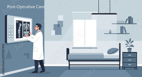 Doctor reviews X-ray in modern hospital room with patient bed and window