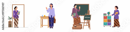 Indonesian female teacher character set in traditional kebaya and batik clothing, representing education and National Education Day in various school classroom settings.