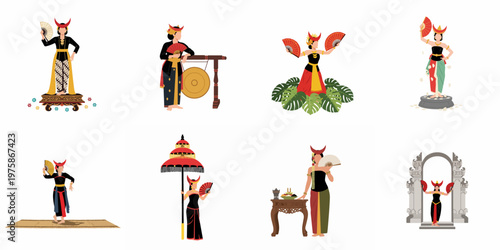 Collection of flat vector illustrations featuring Indonesian women in traditional ethnic costumes, performing cultural dances with fans, gongs, and ceremonial parasols.