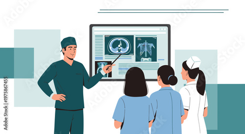 Doctor teaching medical students about X-rays on a digital screen in a modern clinic