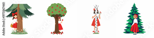 Set of four whimsical illustrations of a young girl in a red skirt and bow interacting with different forest and orchard trees.
