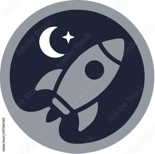 Modern Flat Space Rocket With Crescent Moon Night Icon Illustration