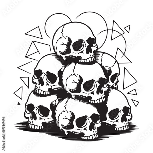 Stack of Skulls with Geometric Shapes Vector Illustration – Gothic Tattoo Style Design