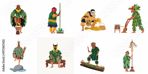 Indigenous ritualistic characters in leaf costumes and masks performing traditional activities like farming, dancing, and drumming in a flat vector style.