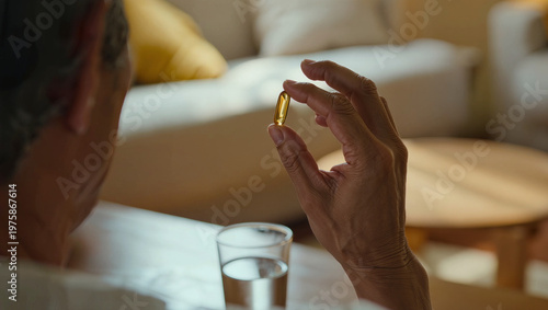 Elderly Hand Holding Omega-3 Softgel with Water Glass in Cozy Living Room