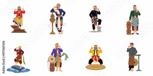 Collection of Cartoon Illustrations Depicting Men in Traditional Javanese Attire with Iconic Mustaches and Cultural Accessories on White Background