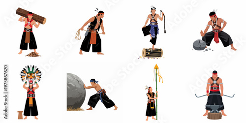 Set of Indonesian Traditional Warrior Illustrations Showcasing Feats of Strength and Cultural Practices