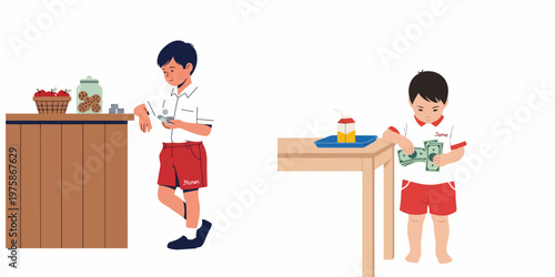 Two schoolboys learning financial literacy by counting coins and cash bills in a clean flat vector illustration set against a white background.