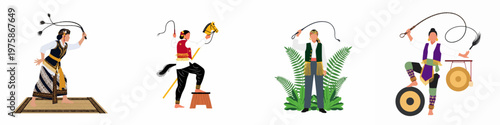 Flat vector illustration set of traditional Indonesian dancers performing Javanese whip and horse dances with cultural elements and instruments.