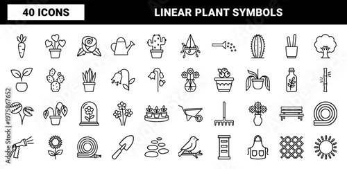 Minimalist plant and flower line icons for gardening and botany