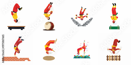 Collection of illustrations showcasing a traditional masked performer executing various acrobatic flips and stunts over different obstacles on a white background.
