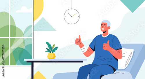 Elderly man recovering in hospital bed, giving thumbs up, good health, recovery, positive outlook