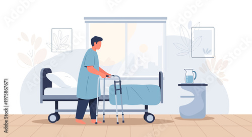 Elderly Man with Walker in Hospital Room, Recovering After Surgery