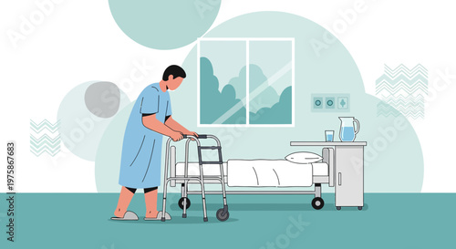 Elderly man with walker in hospital room, recovering from surgery