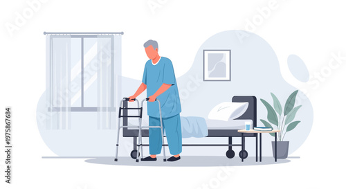 Elderly man with walker in hospital room, recovering from surgery