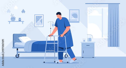 Elderly man with walker in hospital room, recovery and rehabilitation