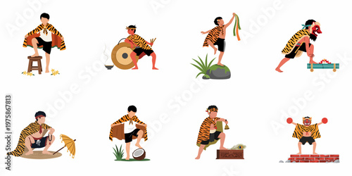 Set of illustrations showing a boy in tiger-striped traditional Indonesian clothing performing various cultural dances and rituals.