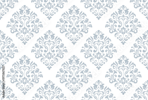Wallpaper in the style of Baroque. White and gray floral ornament. Seamless vector background. Graphic pattern for fabric, wallpaper, packaging. Ornate Damask flower illustration
