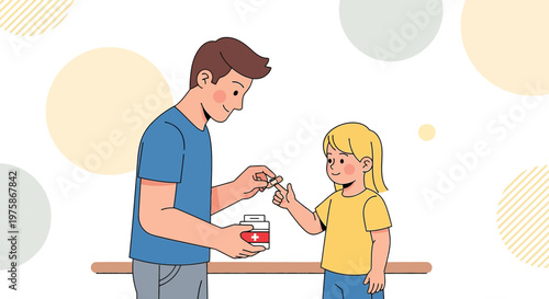 Father Applies Bandage to Daughter's Finger, First Aid Care at Home