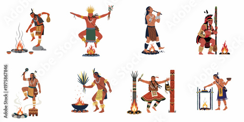 Set of native American characters in traditional tribal clothing performing various ritual dances and ceremonies around a campfire, isolated on white background.