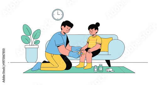 Father applying bandage to child's knee after injury, home first aid