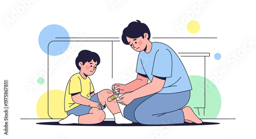 Father Applies Bandage to Son's Knee Injury, Caring and Comforting Family Moment