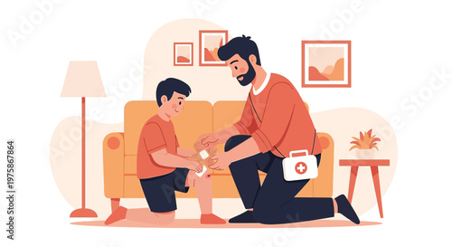 Father applying bandage to son's knee, first aid kit nearby, home setting
