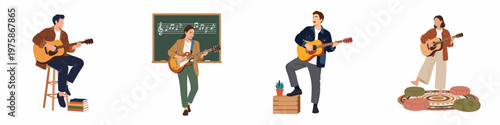 Vector illustrations of men and women playing acoustic and electric guitars in different settings like a classroom and a cozy living room.