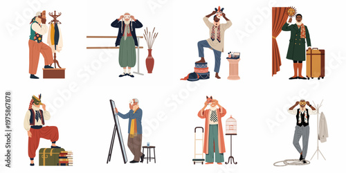 Vector Illustration Set of Elderly Men Wearing Diverse Masquerade Masks and Theatrical Costumes in Various Stage and Backstage Environments