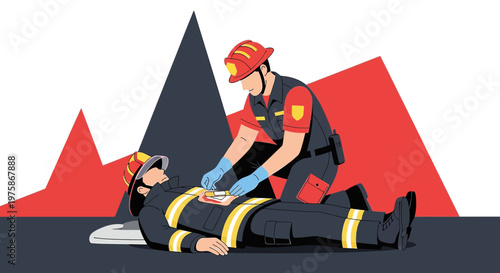 Firefighter Performs CPR on Injured Colleague Amidst Abstract Red and Blue Shapes