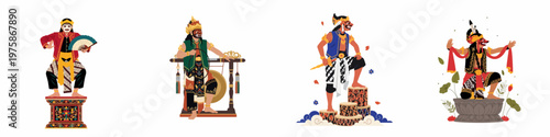 Set of four traditional Indonesian performance characters featuring masks, dancers, and musicians in colorful cultural costumes, isolated on a white background.