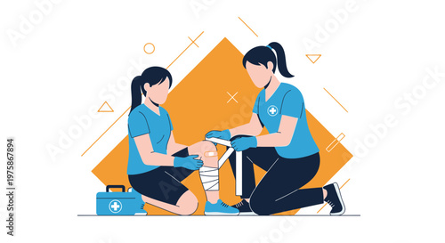 First Aid Assistance: Person Bandaging Injured Knee with Medical Kit Nearby