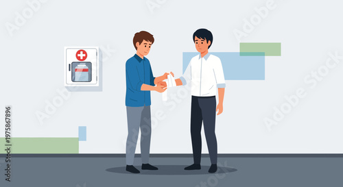 First Aid Assistance: Man Applies Bandage to Injured Friend Near Medical Cabinet