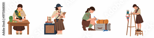 Collection of girl scouts in uniform engaged in various educational and organizational activities like writing, using clipboards, and preparing camping gear.