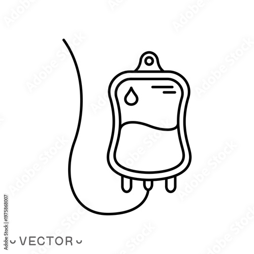 blood bag icon, medical blood donation bag, intravenous infusions, thin line symbol isolated on white background, editable stroke eps 10 vector illustration