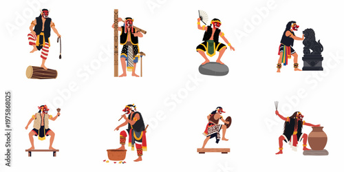 Set of traditional Indonesian dancers wearing red masks and cultural costumes performing various ritualistic activities, isolated on a white background.