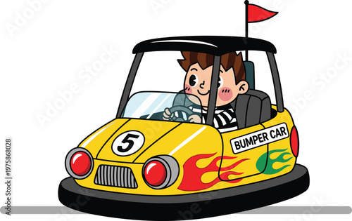 Cute cartoon vector illustration of a happy young boy driving a yellow bumper car with flame decals and a red flag at an amusement park.