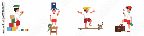 Set of young boys balancing books on their heads while playing and exploring various activities, symbolizing childhood learning, curiosity, and development.