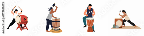 Flat vector illustrations of diverse people playing traditional percussion instruments including taiko and djembe drums isolated on white background.